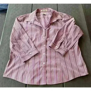 LL Bean Womens Wrinkle Resistant Button-Up Striped Top XL Purple 100% Cotton